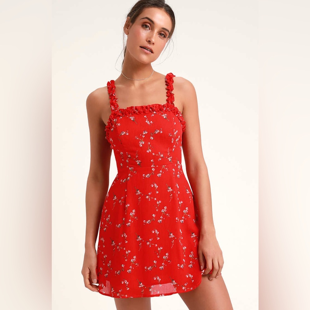 Lulus | in the Garden Skater Dress | Medium | Red Floral Print